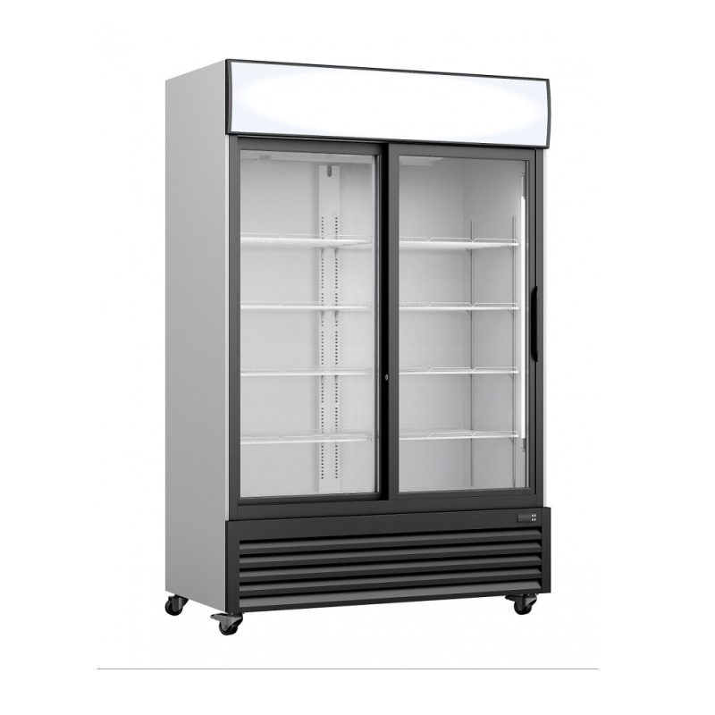 Displaykøleskab med skydedøre - 706 liter - Energiklasse C - B 112 x D 61 x H 197 cm - Hvid/Sort