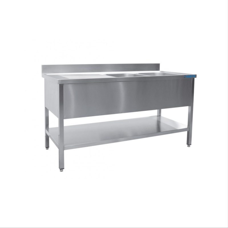 Opvaskebord i rustfrit stål - 2 vaskekummer til højre - B 1800 x D 600 x H 850 mm