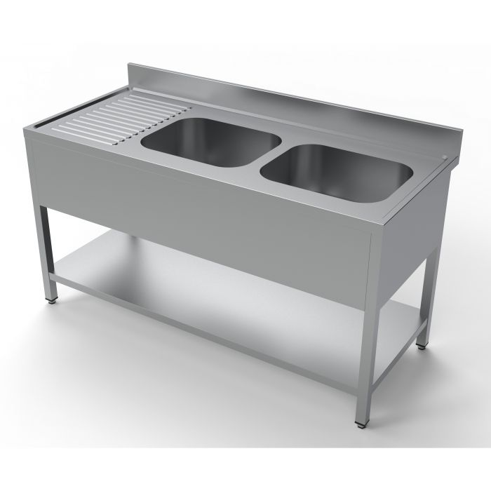 Stålbord med vask og underhylde - 200x70x85 cm