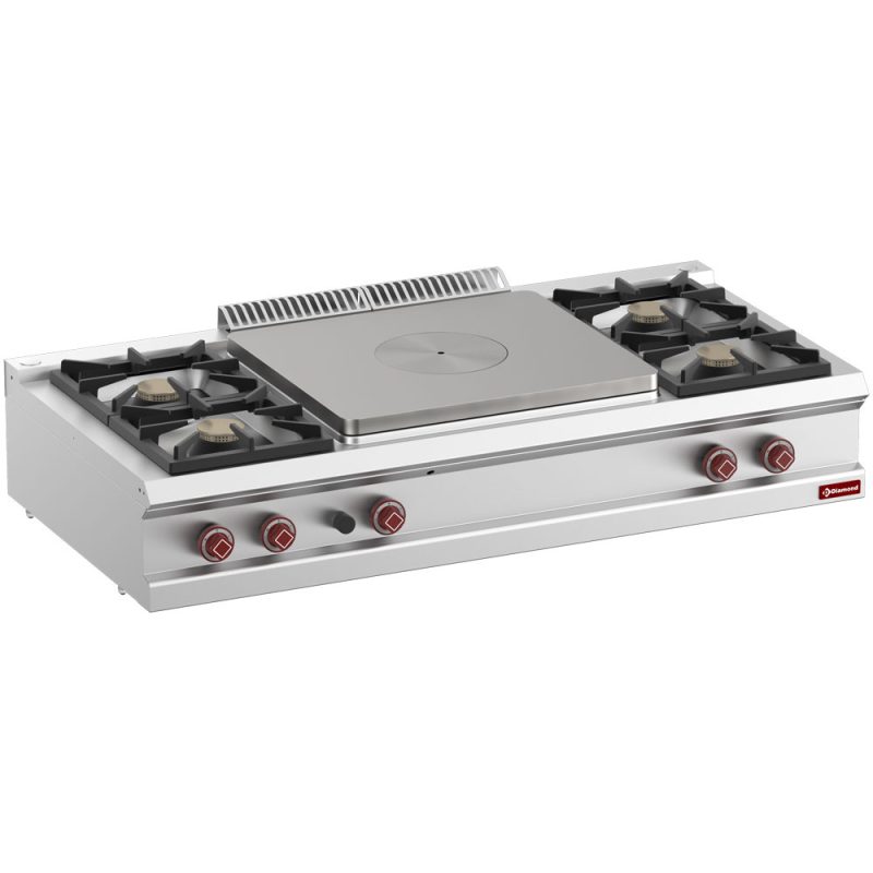 Gaskomfur 4 blus (4x 7 kW ) & Central glødeplade (10 kW) – B1500 x D700 x H250/320 mm