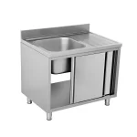 Stainless steel kitchen sink unit with a single basin, drainboard, open lower shelf, and two cabinet doors for storage.
