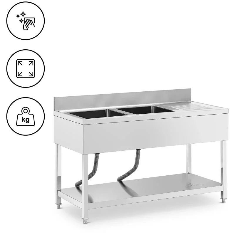 Dobbelt køkkenvask i rustfrit stål - Med drypbakke - B 1400 x D 600 x H 970 mm