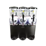 Triple-tank beverage dispenser with three taps on a black base for self-serve drinks (clear tanks visible).