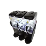 Triple beverage dispenser with three clear reservoirs, black lids, and taps on a black base.
