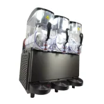 Three-tap beer/soda draft dispenser with transparent acrylic towers and cooling base on a black cabinet.