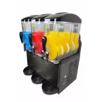 Three-flavor beverage soda fountain with blue, red, and yellow syrups in clear reservoirs and a black base (commercial machine)