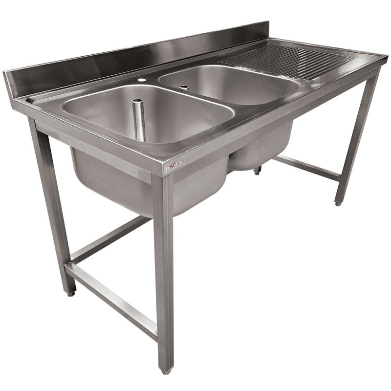 Stålbord dobbelt med vask - højre afløbsflade - 1600 x 700 x 900 mm