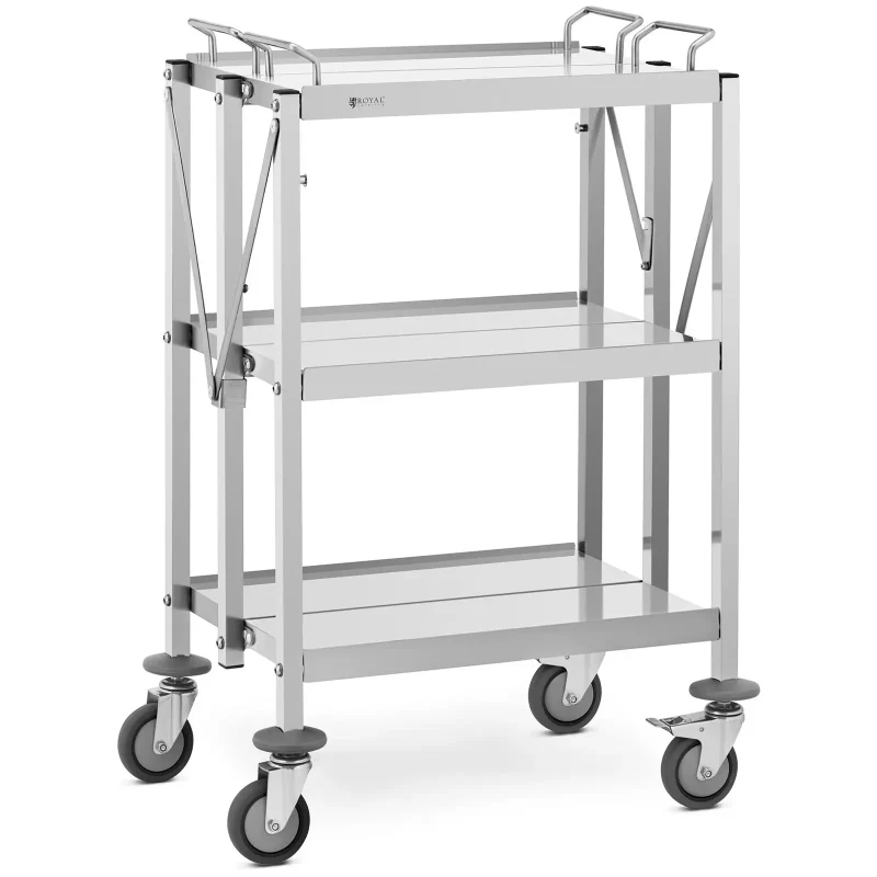 Serveringsvogn - rustfrit stål - 3 bordplader - 90 kg - sammenklappelig