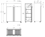 Engineering drawing of a tall, wheeled, double-door cabinet with front, side, and top views and millimeter dimensions for assembly.