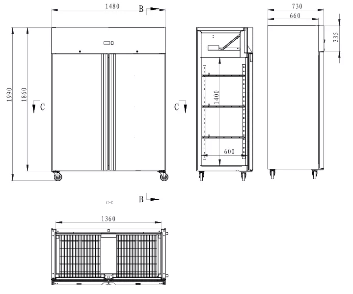 Engineering drawing of a tall, wheeled, double-door cabinet with front, side, and top views and millimeter dimensions for assembly.