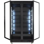 Black dual-door glass display refrigerator with interior LED lighting and multiple wire shelves, doors open for viewing.