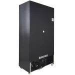 Tall black industrial refrigeration unit with exposed bottom components and a cyclopentane warning label.