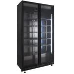Double-door glass-front commercial beverage refrigerator with adjustable wire shelves and a digital temp control at the base.