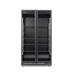 Tall black double-door refrigerated display cabinet with multiple adjustable wire shelves and wheels (empty)