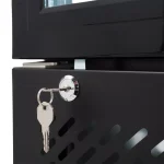 7455-1930-11-1-6a10265973cde - Gastro Inventar Black metal cabinet drawer with a silver key hanging from a round chrome lock cylinder in the foreground.