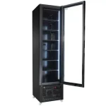 7455-1930-2-1-6a102655ef0b5 - Gastro Inventar Tall black display fridge with a glass door open, illuminated shelves inside for storing beverages or snacks, on caster wheels at the base