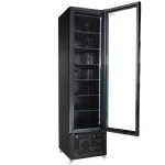 7455-1930-3-1-6a102654c2ba8 - Gastro Inventar Tall black display refrigerator with glass door open, showing multiple adjustable shelves and a vented base on caster wheels.
