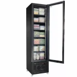 7455-1930-4-1-6a102653dbc04 - Gastro Inventar Tall black commercial freezer with a glass door open, revealing stacked clear containers of frozen foods on shelves.