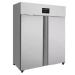 Double-door stainless steel commercial refrigerator with a digital control panel and wheels on a clean floor.