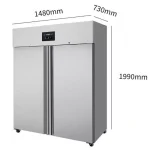 Two‑door commercial stainless steel refrigerator with a digital control panel; dimensions 1480 mm wide, 730 mm deep, 1990 mm tall.