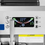 Commercial ice cream machine control panel with a vertical chrome lever and a bright, multi-color LED display reading 'Ice Cream Machine' and '22.7' degrees, plus function buttons on the sides.
