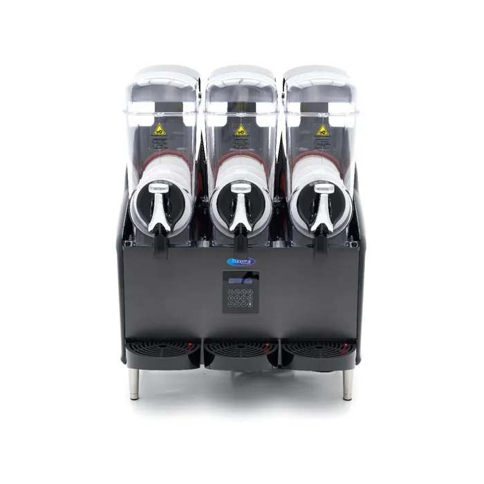 Triple-group commercial espresso machine with three portafilters and digital keypad for cafe use