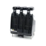 Three-tower portable evaporative air cooler with black grills on a wheeled stand against a white background.