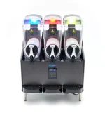Three-flavor commercial beverage dispenser with illuminated lids and three taps on a black stand, for slush or soft drinks.