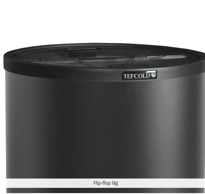 Black cylindrical TEFCOLD container with a flip-top lid, close-up view.