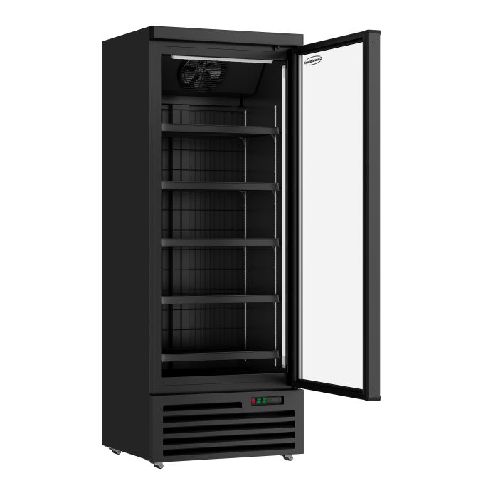 Tall black upright wine cooler with a glass door open, showing multiple adjustable shelves.
