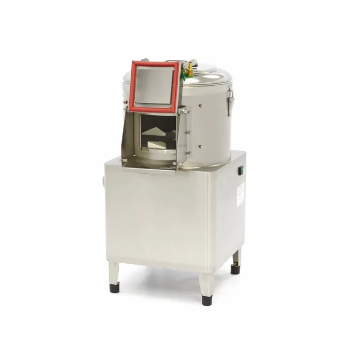 Industrial stainless steel processing machine with a cylindrical chamber and red-framed door, mounted on a rectangular base with feet.