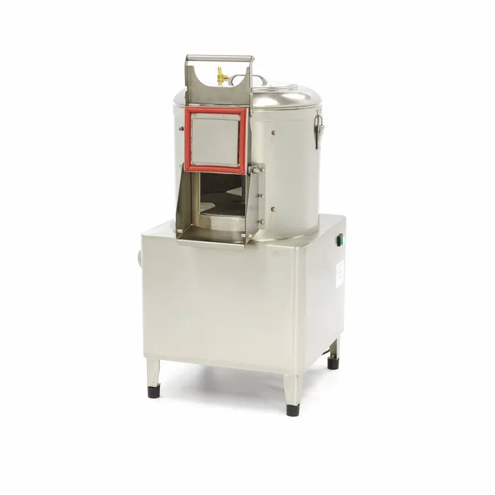 Compact stainless steel industrial roaster with a vertical cylindrical chamber, front red-framed access door, and a base cabinet on adjustable legs.